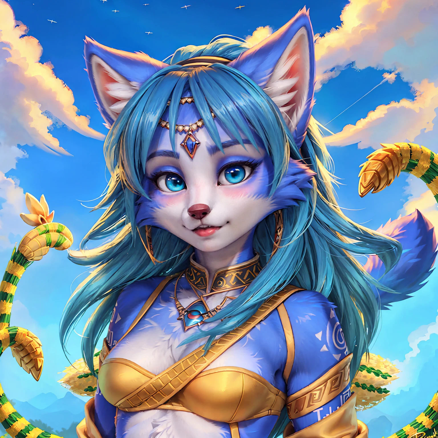 A beautiful and detailed (sweet picture) of ((Krystal)), Star Fox Krystal, green eyes, medium breasts, (((Long blue hair 1.3))), anthro, furry, (of Fluff-Kevlar, Bayard Wu, Personalami, Pino Daeni), detailed fluffy fur, detailed face, (fluffy), 1 girl, alone, Haare bedecken ein Auge:1.4, (((geht über ein Feld mit hohem Gras :1.3))), (((schaut in den himmel:1.4))),