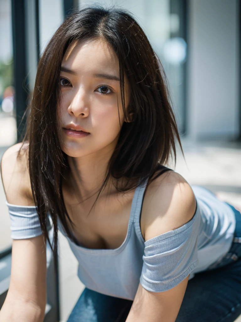 Realistic, Realistic details, detailed, One girl, thin, beautiful, Dynamic pose, detailed skin complexion, Casual clothing, Tight jeans, Yoga Tank Top, T-Shirts, thin太もも, Thigh Gap, Portraiture, Depth of written boundary, Blurred Background, Sharp focus, F1.8/35mm, perspective, Light and shadow contrast, The rule of thirds, Depth and Dimension,