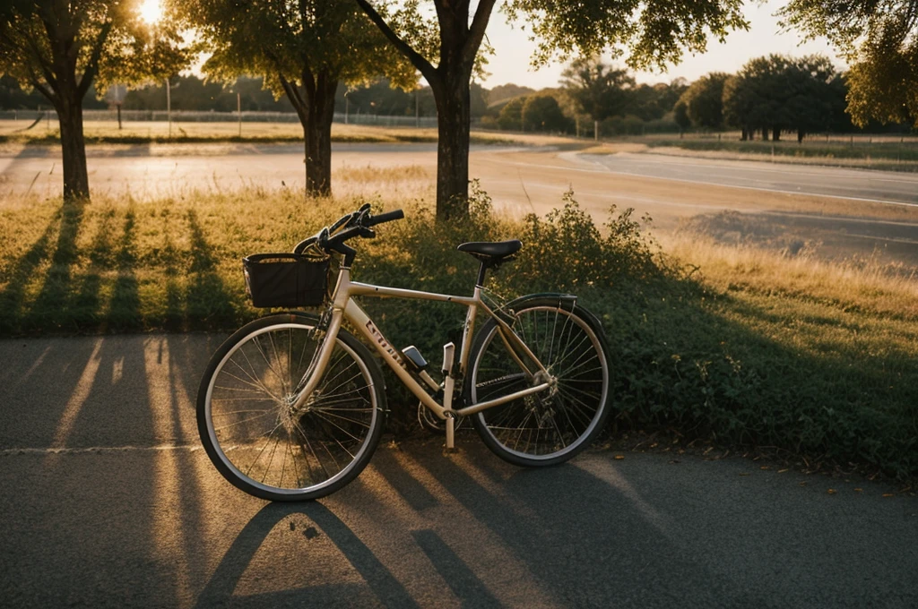 there is a bike parked on the side of the road, bicycle in background, bicycle, bicycles, perfect detail, taken at golden hour, morning golden hour, crisp details, beautiful sunny day, portrait shot, summer morning light, sun is shining, perfect crisp sunlight, environmental shot, evening at dusk, hard morning light, mixed art, the sun is shining