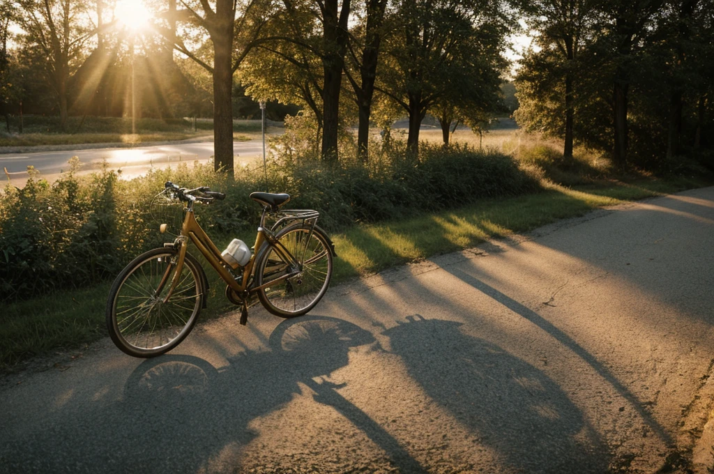 there is a bike parked on the side of the road, bicycle in background, bicycle, bicycles, perfect detail, taken at golden hour, morning golden hour, crisp details, beautiful sunny day, portrait shot, summer morning light, sun is shining, perfect crisp sunlight, environmental shot, evening at dusk, hard morning light, mixed art, the sun is shining