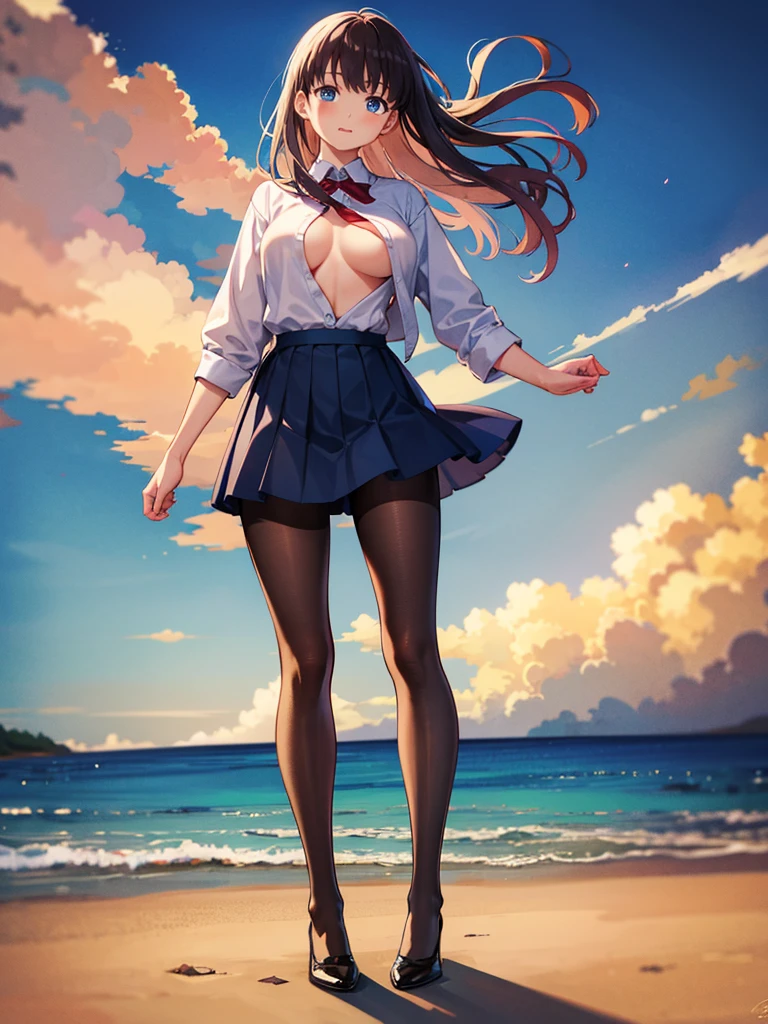 (Official Art、Highest quality、unity 8k wallpaper、32k、masterpiece、Super detailed、超A high resolution、Realistic、Realistic:1.2)、(Natural soft light:1.2)、Fire glow effect、Film Grain、Best Shadow、Rim Light、Side light、Side Shot、(Highly detailed and exquisite 3D rendering)、細部までBeautiful Faceと目、Sharp pupils、Realistic生徒、whole body, Sandy Beach、Beautiful Face、Blurred Background、18 year old beautiful girl、Glowing Skin、Beautiful wet black hair、I pulled up my wet shirt、Wet Check Mini Skirt、(Thighs Thighs Thighs Thighs:0.9)、barefoot、curve、Dynamic pose、Laughing with your mouth open、(Beautiful nipples exposed:0.9)、White pantiesが見えています、(((The wind blows up my skirt:1.3、White panties、Cute ass)))、Pay attention to the butt