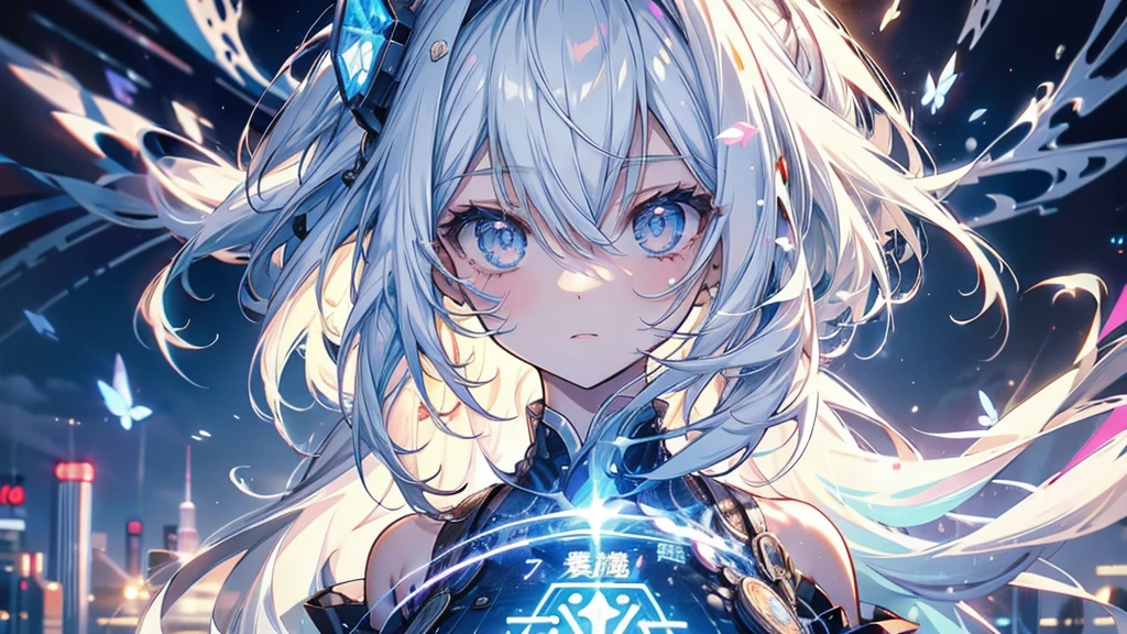 mystery。White hair girl。Detailed background。近未来のサイバースーツを着たWhite hair girlが戦闘体勢に入っているシーン。Behind is a hologram of a future city and neon lights.。