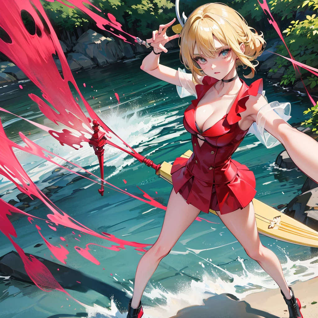 scene of a beautiful girl with long, stunning blonde hair standing on a sophisticated rocket surfboard. the girl wears a red modern costume. he surfs on a pine forest river with a very beautiful UHD view. Anime style. hyper realistic. ultra detail. very detailed. the face and hair are very detailed. Costumes are very detailed. Very detailed machine. 3d photo. bold shadows and light. 