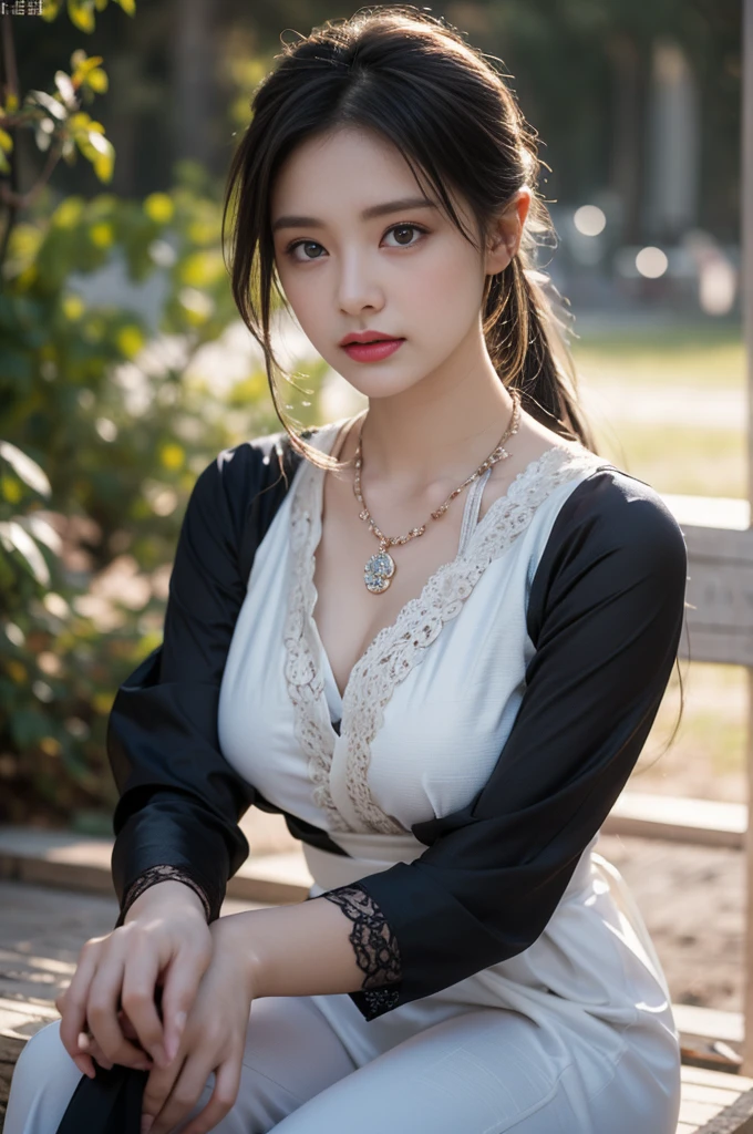 1 beautiful girl in Hanfu costume, ((black thin purple silk shirt with a lot of texture)), white lace top, long purple platinum ponytail Hair, Jewelry, ear jewelry, necklaces and necklaces, carefully drawn big purple eyes, makeup careful, thin eyebrows, high nose, beautiful red lips, no smile, pursed lips, rosy cheeks, wide breasts, big breasts, proportional breasts, slim waist, purple fishnet socks, chinese hanfu style, fictional art texture, colorful bright and realistic, RAW Photo, Realistic Photo, ultra high quality 8k surreal photo, (effective fantasy light effect: 1.8), 10x pixels, magical effect (Background): 1.8), ultradetailed eyes, full body portrait of girl , Chinese royal garden background, dynamic pose