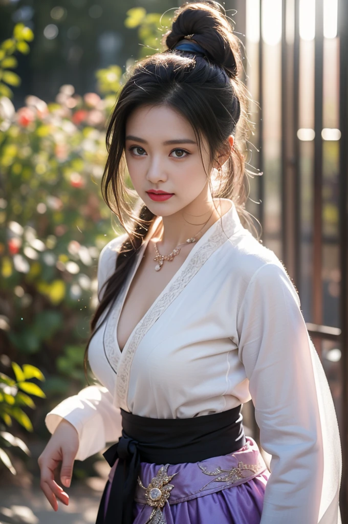 1 beautiful girl in Hanfu costume, ((black thin purple silk shirt with a lot of texture)), white lace top, long purple platinum ponytail Hair, Jewelry, ear jewelry, necklaces and necklaces, carefully drawn big purple eyes, makeup careful, thin eyebrows, high nose, beautiful red lips, no smile, pursed lips, rosy cheeks, wide breasts, big breasts, proportional breasts, slim waist, purple fishnet socks, chinese hanfu style, fictional art texture, colorful bright and realistic, RAW Photo, Realistic Photo, ultra high quality 8k surreal photo, (effective fantasy light effect: 1.8), 10x pixels, magical effect (Background): 1.8), ultradetailed eyes, full body portrait of girl , Chinese royal garden background, dynamic pose
