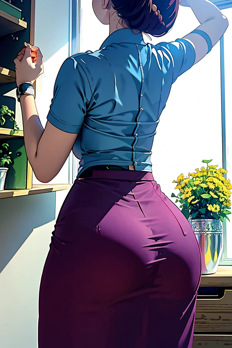 ((highest quality)), ((masterpiece)), (be familiar with), (High definition), (real), 8K, best shadow, side lighting, cinematic、low contrast、(Complex:1.4)、Office lady climbing up a stepladder、milf, Holding a file box in hand、(Calf close-up:1.2)、(back view)、hidden camera photos、View from below looking up at the rear、(Cabinet bookshelf in a bright office),widest hips,tight skirt wrapped around her hips.