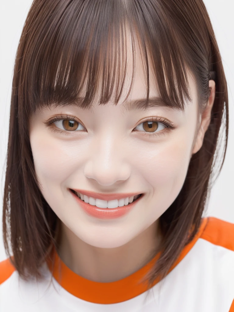 (Highest quality、8k、32K、masterpiece)、(Realistic)、(Photorealistic:1.2)、(High resolution)、Very detailed、Very beautiful face and eyes、1 girl、Round and small face、Narrow waist、Delicate body、(close、Highest quality、Attention to detail、Rich skin detail)、(Highest quality、8k、Oil paints:1.2)、Very detailed、(Realistic、Realistic:1.37)、Bright colors、(((Bust Shot)))、(((Brown Hair)))、(((Brown Hair)))、(((Medium Hair)))、(((Pure white wall background)))、(((Pure white wall background)))、(((Wearing orange clothes)))、(((She has a happy expression)))、(((Laughter)))、(((Wearing a crimson T-shirt)))、(((Look straight ahead)))、(((A shirt with a rainbow on it)))、(((Cross your arms)))、