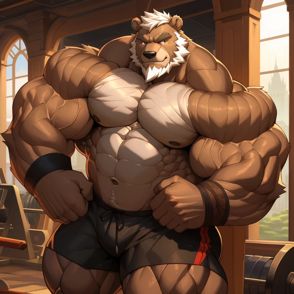 Solo, 1boy, a huge muscular furry Grizzly bear old man workoing out in the gym, huge shoulder muscle, shirtless, muscle, strong man, strong bear, huge muscle, short hair, bearded, white hair and beard, massive body, black gym shorts, fingerless gloves, wristbands, thick brown fur, wrinkles skinned, strong muscle, strong and intimidated, masterpiece, muscular, five fingers, correct anatomy, commission for high res, male, fantasy art, very very beautiful art, gym art, art painting , painting art,