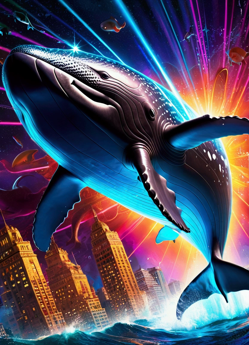 (Flying Whale), in the style of laser lighting, focused light beams, vibrant light patterns, colored laser lights, danger, pulp comics, pulp art, hyper-realistic manga style, lurid, magazine cover imagery, dynamic composition, full body, award-winning, cinematic still, emotional, vignette, dynamic, vivid, (masterpiece, best quality, Professional, perfect composition, very aesthetic, absurdres, ultra-detailed, intricate details:1.3)