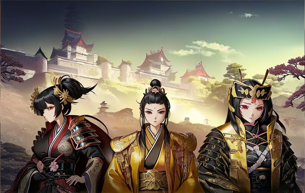 Female, (girls:1.5), (exceptional, best aesthetic, new, newest, best quality, anime, waifu:1.2), best quality, ultra detailed, absurdres, highres, colored, good anatomy, black hair, pretty faceJapanese Samurai armor, swords, Kimono clothes, capes, Japanese castle, tree
