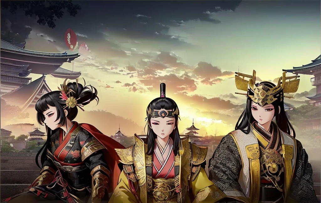 Female, (girls:1.5), (exceptional, best aesthetic, new, newest, best quality, anime, waifu:1.2), best quality, ultra detailed, absurdres, highres, colored, good anatomy, black hair, pretty faceJapanese Samurai armor, swords, Kimono clothes, capes, Japanese castle, tree