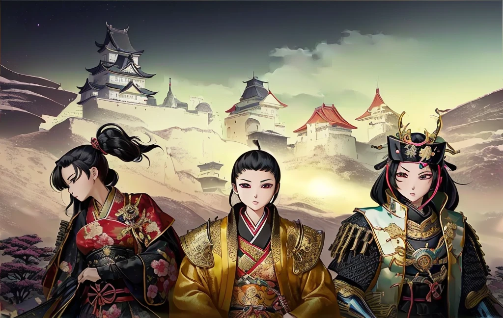 Female, (girls:1.5), (exceptional, best aesthetic, new, newest, best quality, anime, waifu:1.2), best quality, ultra detailed, absurdres, highres, colored, good anatomy, black hair, pretty faceJapanese Samurai armor, swords, Kimono clothes, capes, Japanese castle, tree