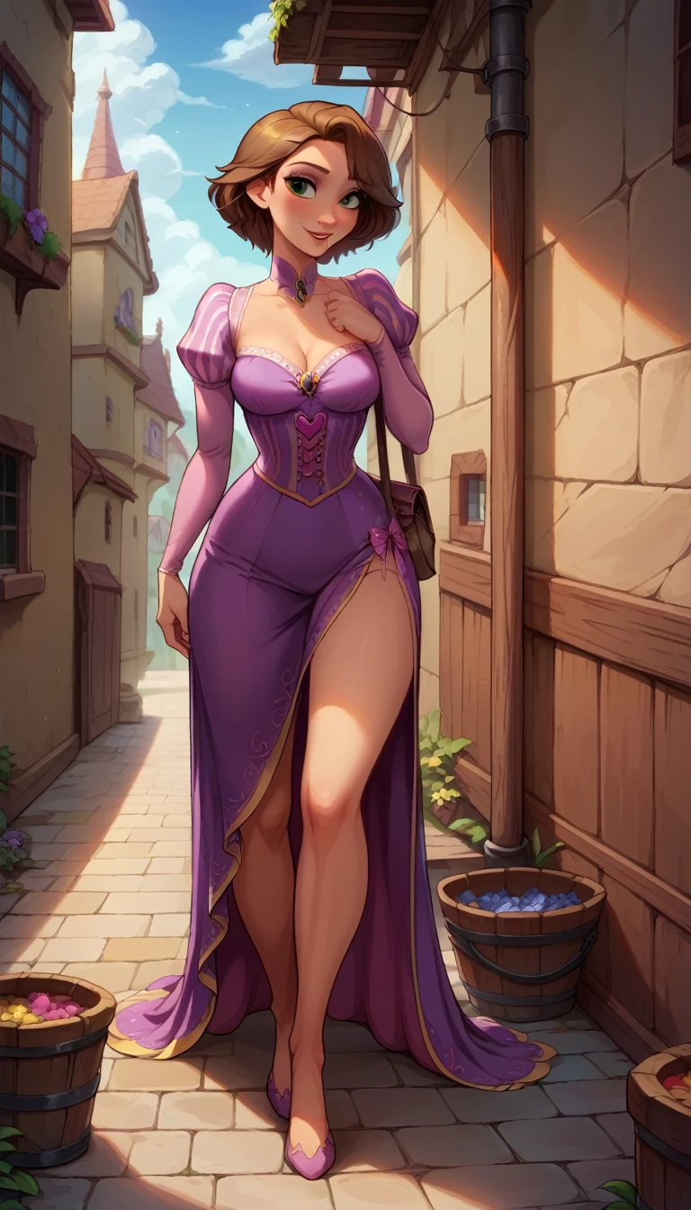 Score_9, score_8_up, score_7_up, rating explicit, source_comic, detailed soft lighting, 1girl, (Rapunzel from Tangled, short brown hair, purple dress:1.0), large breasts, BREAK smile, beautiful eyes, open eyes, (masterpiece, best quality, highly detailed, beautiful), walking, (town alley:1.2).