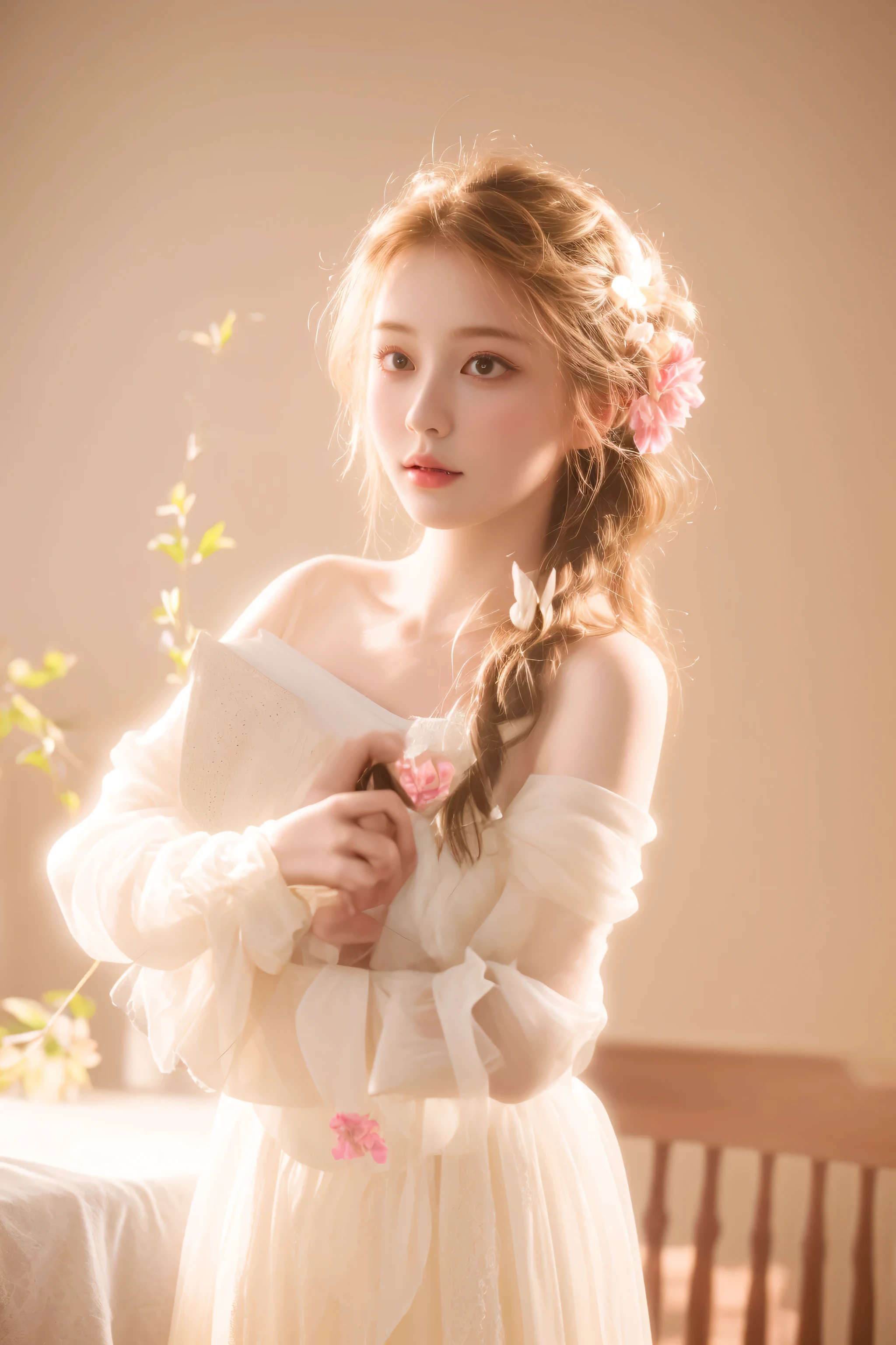 there is a woman that is holding a book in her hands, ethereal beauty, a stunning young ethereal figure, beautiful adult book fairy, soft ethereal lighting, ethereal fairytale, romanticism portrait, portrait of magical young girl, with ethereal light, portrait soft light, inspired by Pierre Auguste Cot, fantasy photoshoot, soft light from the side, fantasy character photo