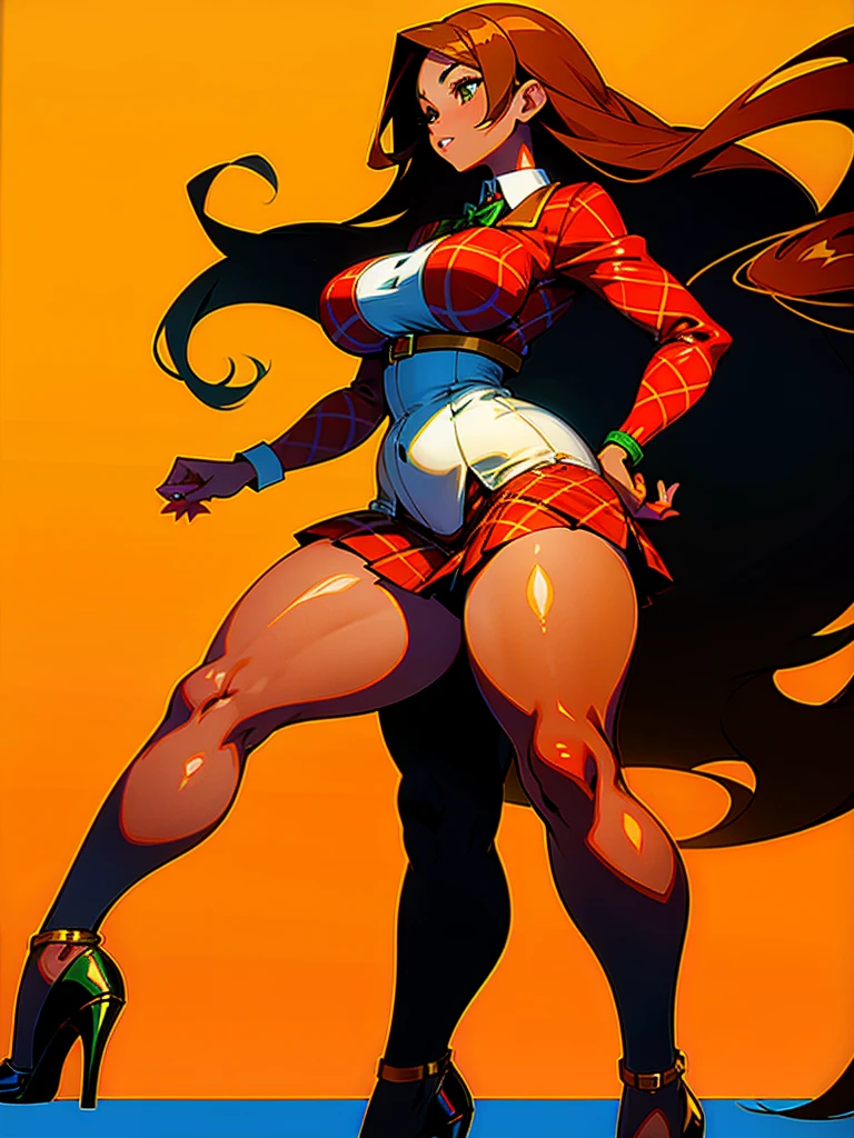 High quality Anime latina, brown hair, brown skin, very curvy, (skinny), hourglass, wide hips, massive thick thighs, wearing plaid micro skirt, stockings and high heels