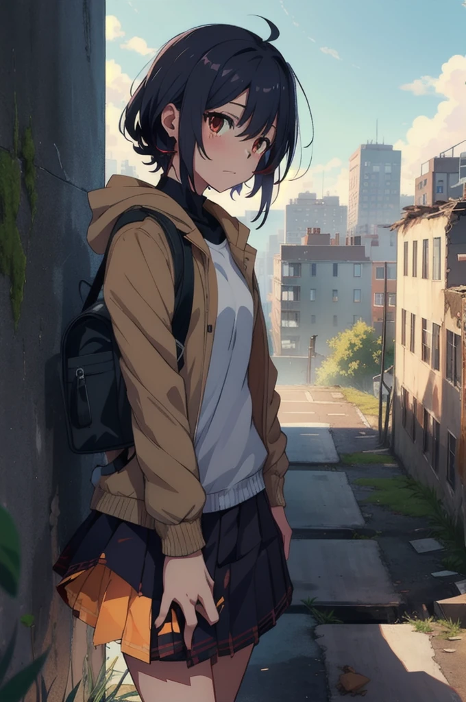 1girl, An anime-style character, female, standing on a ledge overlooking a city in a state of disrepair. The character has cat ears and is dressed in a , featuring a brown jacket and a pleated skirt. She carries a satchel over her shoulder.

The city below appears to be abandoned, with broken and overgrown structures. The warm, golden light of the setting sun casts long shadows and bathes the scene in a soft glow, creating a beautiful yet poignant contrast with the surrounding decay. The sky is partly cloudy with a few scattered leaves or debris caught in the breeze, adding to the sense of desolation and quiet.

The overall composition evokes a sense of solitude and contemplation, as the character gazes at the distant horizon, suggesting themes of resilience, hope, or a journey.