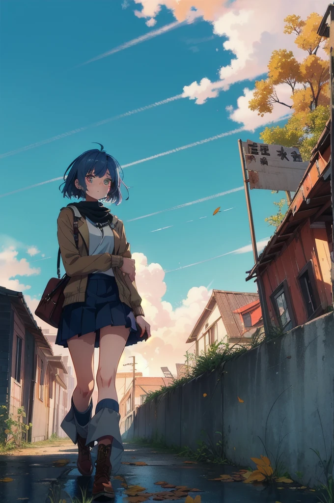 1girl, An anime-style character, female, standing on a ledge overlooking a city in a state of disrepair. The character has cat ears and is dressed in a , featuring a brown jacket and a pleated skirt. She carries a satchel over her shoulder.

The city below appears to be abandoned, with broken and overgrown structures. The warm, golden light of the setting sun casts long shadows and bathes the scene in a soft glow, creating a beautiful yet poignant contrast with the surrounding decay. The sky is partly cloudy with a few scattered leaves or debris caught in the breeze, adding to the sense of desolation and quiet.

The overall composition evokes a sense of solitude and contemplation, as the character gazes at the distant horizon, suggesting themes of resilience, hope, or a journey.