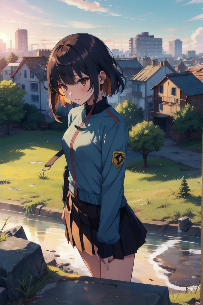 1girl, An anime-style character, female, standing on a ledge overlooking a city in a state of disrepair. The character has cat ears and is dressed in a , featuring a brown jacket and a pleated skirt. She carries a satchel over her shoulder.

The city below appears to be abandoned, with broken and overgrown structures. The warm, golden light of the setting sun casts long shadows and bathes the scene in a soft glow, creating a beautiful yet poignant contrast with the surrounding decay. The sky is partly cloudy with a few scattered leaves or debris caught in the breeze, adding to the sense of desolation and quiet.

The overall composition evokes a sense of solitude and contemplation, as the character gazes at the distant horizon, suggesting themes of resilience, hope, or a journey.