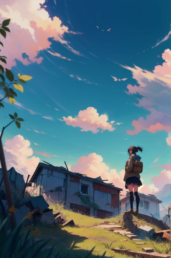 1girl, An anime-style character, female, standing on a ledge overlooking a city in a state of disrepair. The character has cat ears and is dressed in a , featuring a brown jacket and a pleated skirt. She carries a satchel over her shoulder.

The city below appears to be abandoned, with broken and overgrown structures. The warm, golden light of the setting sun casts long shadows and bathes the scene in a soft glow, creating a beautiful yet poignant contrast with the surrounding decay. The sky is partly cloudy with a few scattered leaves or debris caught in the breeze, adding to the sense of desolation and quiet.

The overall composition evokes a sense of solitude and contemplation, as the character gazes at the distant horizon, suggesting themes of resilience, hope, or a journey.