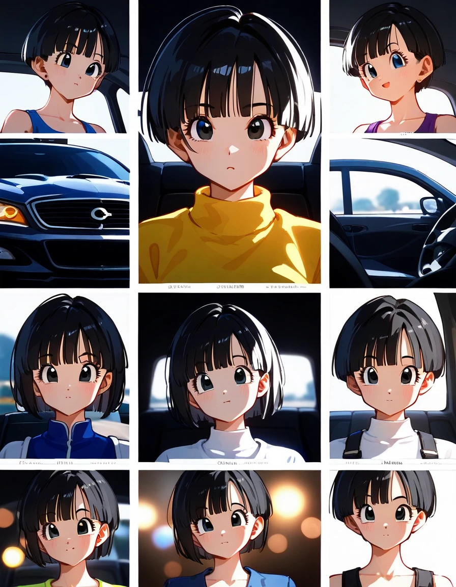 female pan \(dragon ball\), 1 girl, black hair, short hair, black eyes anime character with , anatomically correct, super detailed, high quality, 4K, Hypnotic, Beatnik, Hand Drawn, upper body shot, Animation, Bokeh, Collage, lime colors, Gyaru, glow stick lighting, Hyperrealistic intricate detail, finely detailed, car interior design, Octane render, 8k