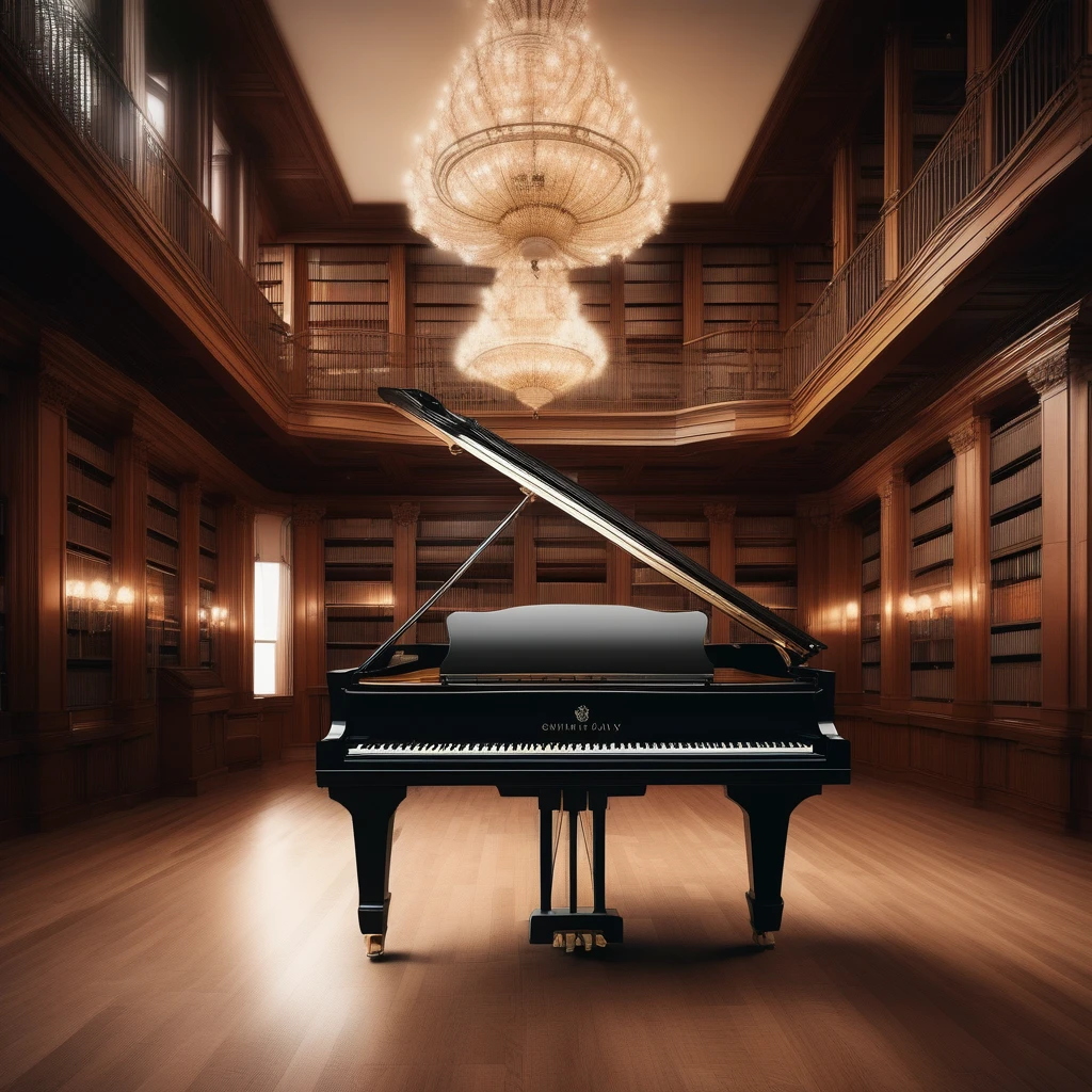 Grand piano, STEINWAY＆SONS, High resolution, high quality, 最high quality, High resolution, high quality, Attention to detail, masterpiece, monotone, Background inside a large library