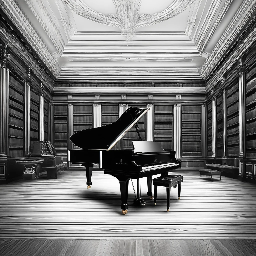 Grand piano, STEINWAY&SONS, High resolution, high quality, 最high quality, High resolution, high quality, Attention to detail, masterpiece, monotone, Background inside a large library