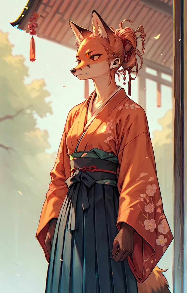 anime,(fox,girl,kimono,Hakama,)(Look left,Scabbard in front),whole body,