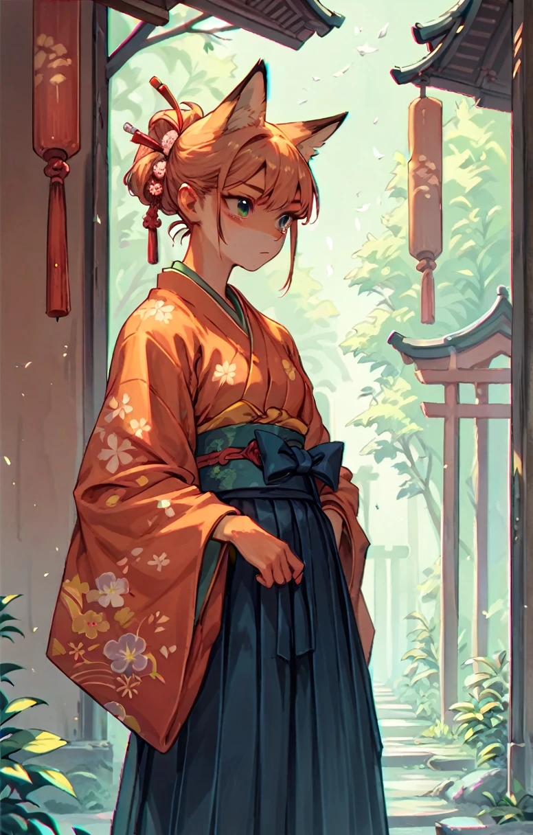 anime,(fox,girl,kimono,Hakama,)(Look left,Scabbard in front),whole body,