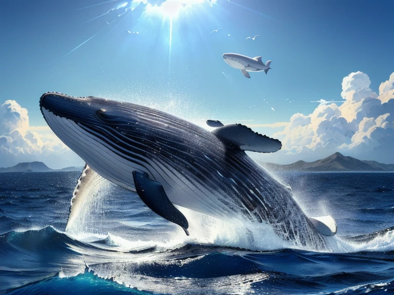 ((high quality, 8k, Whale in the Sky, A detailed depiction of a whale, Very detailed, Most detailed, Super detailed, Very delicate and beautiful, Beautiful artwork illustration, Realistic，Christian Lassen style, Beautiful artwork illustration, Clear lines, High Sharpness, , Cinematic lighting effects))