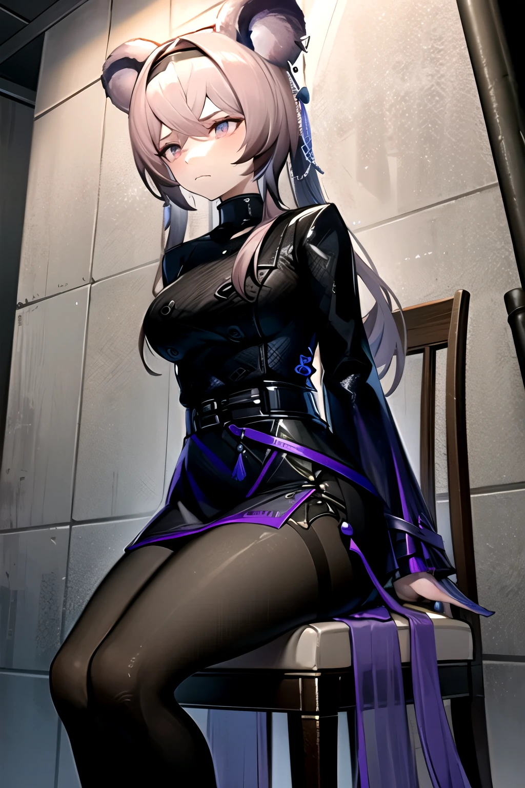 highest quality, masterpiece, High resolution, one person in, {Rin_Arknights:0.90}, 1 girl, black_dress, length_sleeve, looking for_in_Audience, cowboy_shot, Closed_mouth, ((hands tied behind)), ((arms behind back)), wide_sleeve, black_pantyhose, formal_alternine_Costumes, underground, Concrete floor, Concrete wall, underground room, Make a frown, sitting on the chair, pipe chair, Thighs together, black tights, Closed legs,