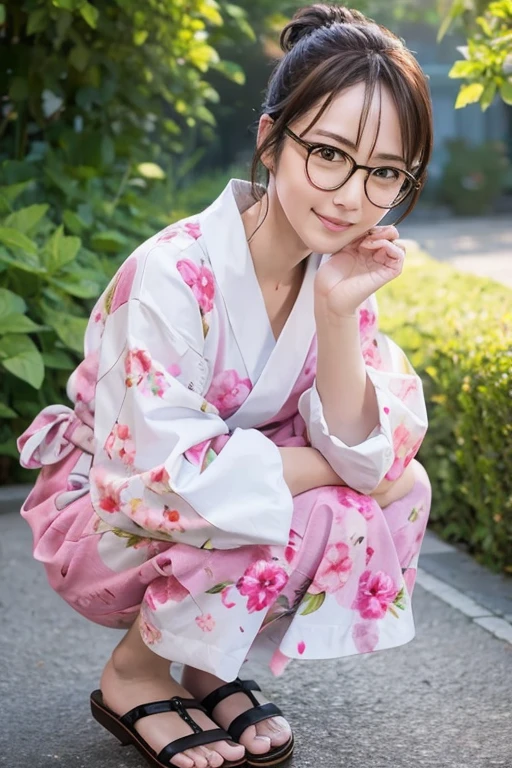 (high quality:1.2,Ultra-realistic) 、Detailed face、Detailed eyes、Beautiful Japanese Woman、22 years old、Black Hair,(Cleavage:1.2)、(nipples slip),The chest is on the table、ryokan, BREAK (wearing Geometric pattern Japanese yukata,obi),((ryokan yukata,onsen yukata)),Sitting at the table, (Big smile,Happy expression:Pure joy). she has (half updo hair) and、 (Holding a large beer mug on the table)、(no bra,braless:1.3),(blushing:1.5),(Glasses),