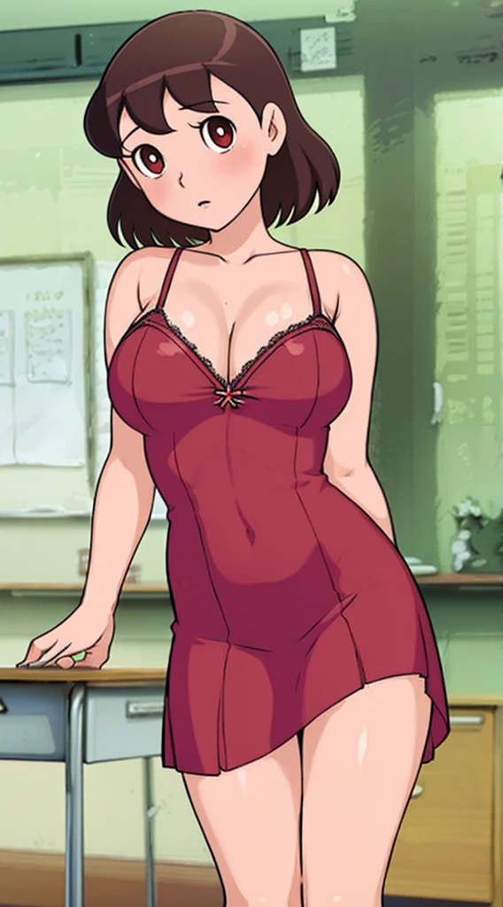 masterpiece, best quality, 1girl, looking at viewer, suit dress, skimpy dress, breasts exposed, lingerie, panties, schoolboy, school, school desk, solo, Large Breasts, cleavage, leaning over desk, short messy red hair, School Teacher, Curly Red Hair, Large Eyes, Perfect Face, detailed illustration, cohesive