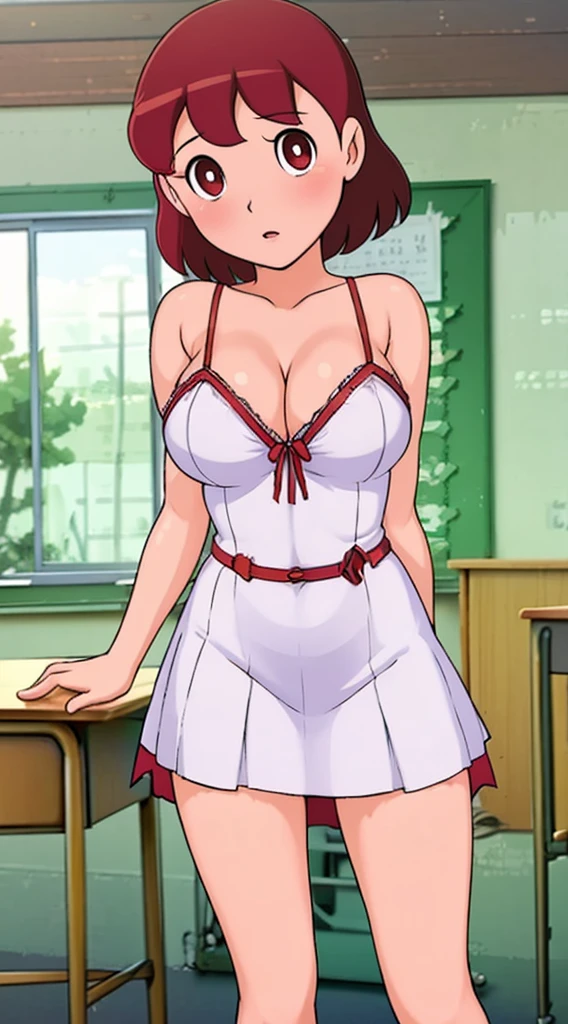 masterpiece, best quality, 1girl, looking at viewer, suit dress, skimpy dress, breasts exposed, lingerie, panties, schoolboy, school, school desk, solo, Large Breasts, cleavage, leaning over desk, short messy red hair, School Teacher, Curly Red Hair, Large Eyes, Perfect Face, detailed illustration, cohesive