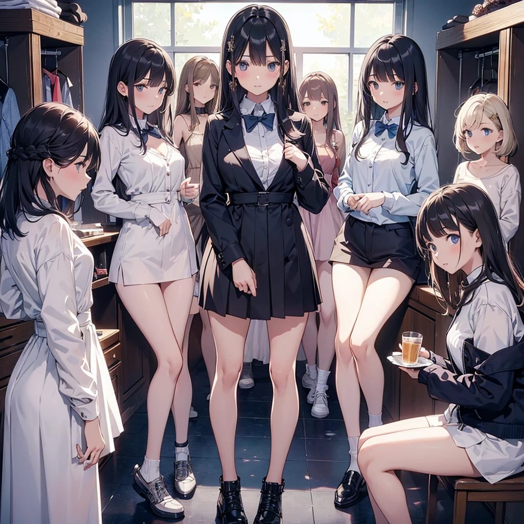 masterpiece, Highest quality, Five girls in a changing room,(Five people getting changed:1.4),Are standing,Body orientation is different々Facing the direction of,Ten generations, Don't look towards the viewer,Group shot, Harem,ips,underwear,(panties),Realistic,,(Dark blue blazer and white shirt) ,(Dark blue pleated skirt),Blue Ribbon ,(Recall, Grab your ass:0.9),(Beautiful Eyes:1.3),sFrom below,From below,{{Random Pause}},((((Dynamic pose)))),((Dynamic Angle)),skinny,(skinny:1.2) ,Thin thighs, Thin legs,After club activities、youth,Lively,Bright interior,(Looking at each other:1.5),(Chatting:1.4),((Unaware of the viewer:1.6),I closed the curtains.,(Lift up your shirt,Lifted it himself:1.5) ,.Skirt lift front,(panties:1.3) BREAK (((undressing clothes:1.5))), ((show bra)),((show panty)),(((They are not looking directly at the viewer))), (((as rather focused on each other,gesturing animatedly as they talk))),(((eye contact))),(((Exchanging glances))),(((exchanging words))),(((calling out))),((smiling while talking)))