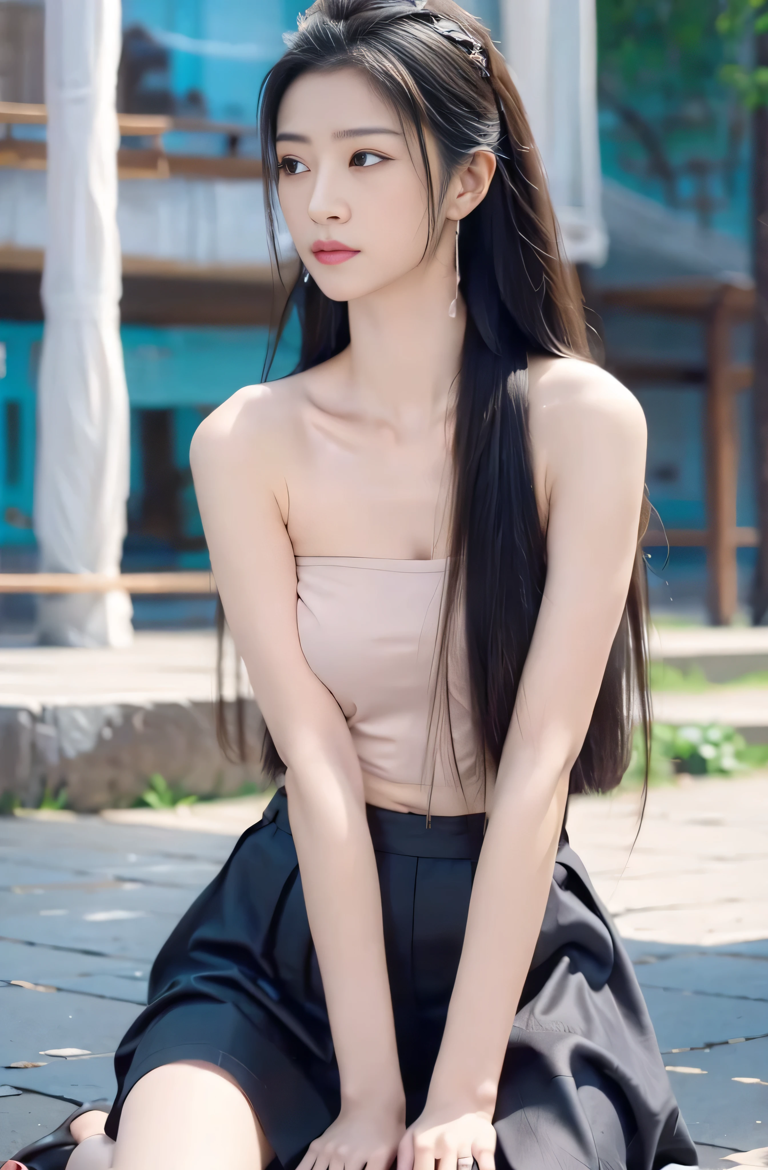 A beautiful girl，Stand confidently，Dark background，Upper Body，Medium Length Hair，Watching the audience，Look straight ahead，Black strapless straps，Dark purple skirt，Smooth chest，Kneeling,Solid color background