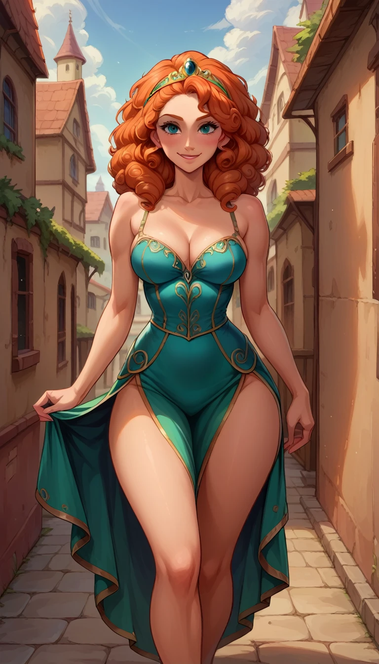 Score_9, score_8_up, score_7_up, rating explicit, source_comic, detailed soft lighting, 1girl, (Disney's Merida, orange-red hair, curls, green dress:1.0), large breasts, BREAK smile, beautiful eyes, open eyes, (masterpiece, best quality, highly detailed, beautiful), walking, (town alley:1.2).