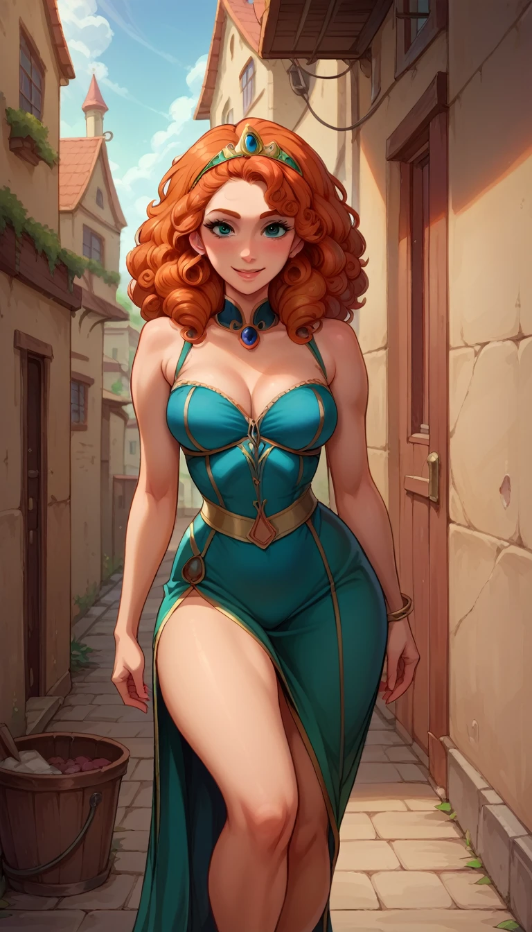 Score_9, score_8_up, score_7_up, rating explicit, source_comic, detailed soft lighting, 1girl, (Disney's Merida, orange-red hair, curls, green dress:1.0), large breasts, BREAK smile, beautiful eyes, open eyes, (masterpiece, best quality, highly detailed, beautiful), walking, (town alley:1.2).