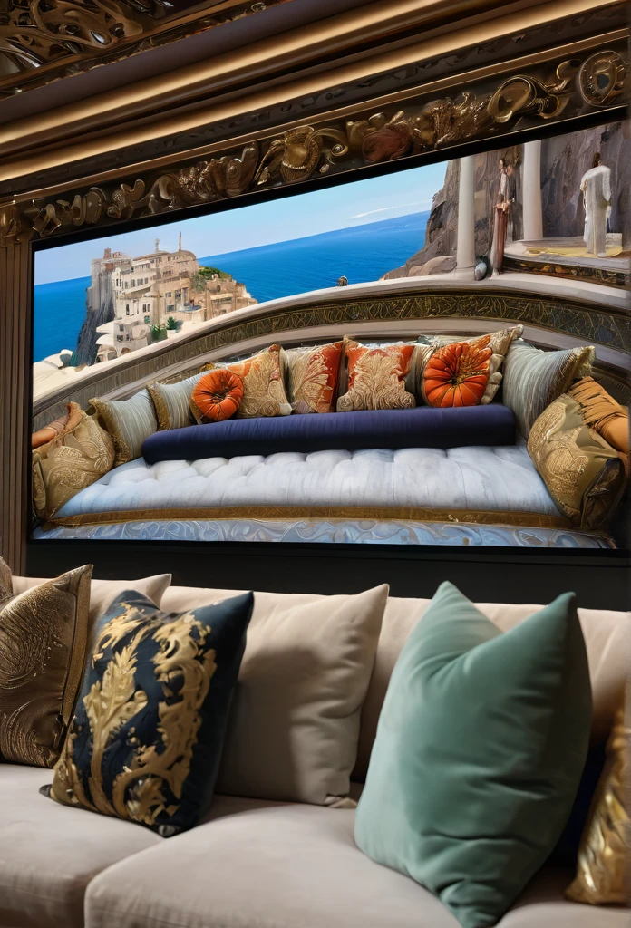 a close up of a couch with pillows and pillows in front of a large screen, a hyperrealistic painting inspired by Lawrence Alma-Tadema, reddit, renaissance, netflix, luxurious environment, netflix trese, netflix series, incredible masterpiece, arcane netflix, extremely opulent, cozy place, relaxing environment, conversation pit, beautiful masterpiece, taken in 2022