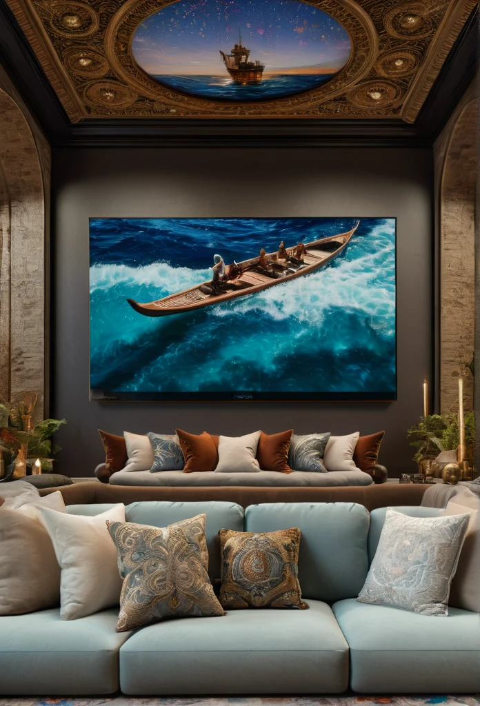 a close up of a couch with pillows and pillows in front of a large screen, a hyperrealistic painting inspired by Lawrence Alma-Tadema, reddit, renaissance, netflix, luxurious environment, netflix trese, netflix series, incredible masterpiece, arcane netflix, extremely opulent, cozy place, relaxing environment, conversation pit, beautiful masterpiece, taken in 2022