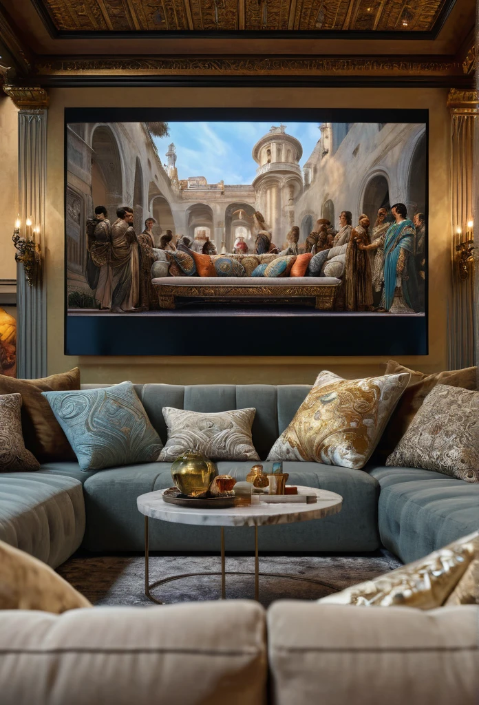 a close up of a couch with pillows and pillows in front of a large screen, a hyperrealistic painting inspired by Lawrence Alma-Tadema, reddit, renaissance, netflix, luxurious environment, netflix trese, netflix series, incredible masterpiece, arcane netflix, extremely opulent, cozy place, relaxing environment, conversation pit, beautiful masterpiece, taken in 2022