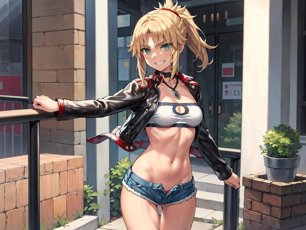 Masterpiece, Best Quality, illustration, city_street_landscape_background, 1girl, Mordred \(fate\), cowboy shot, collarbone, Detailed blond hair ponytail braid, green eyes, Red leather jacket, White short blouse, denim shorts,navel,thigh-high,grin, covered_pussy,skiny,looking_below