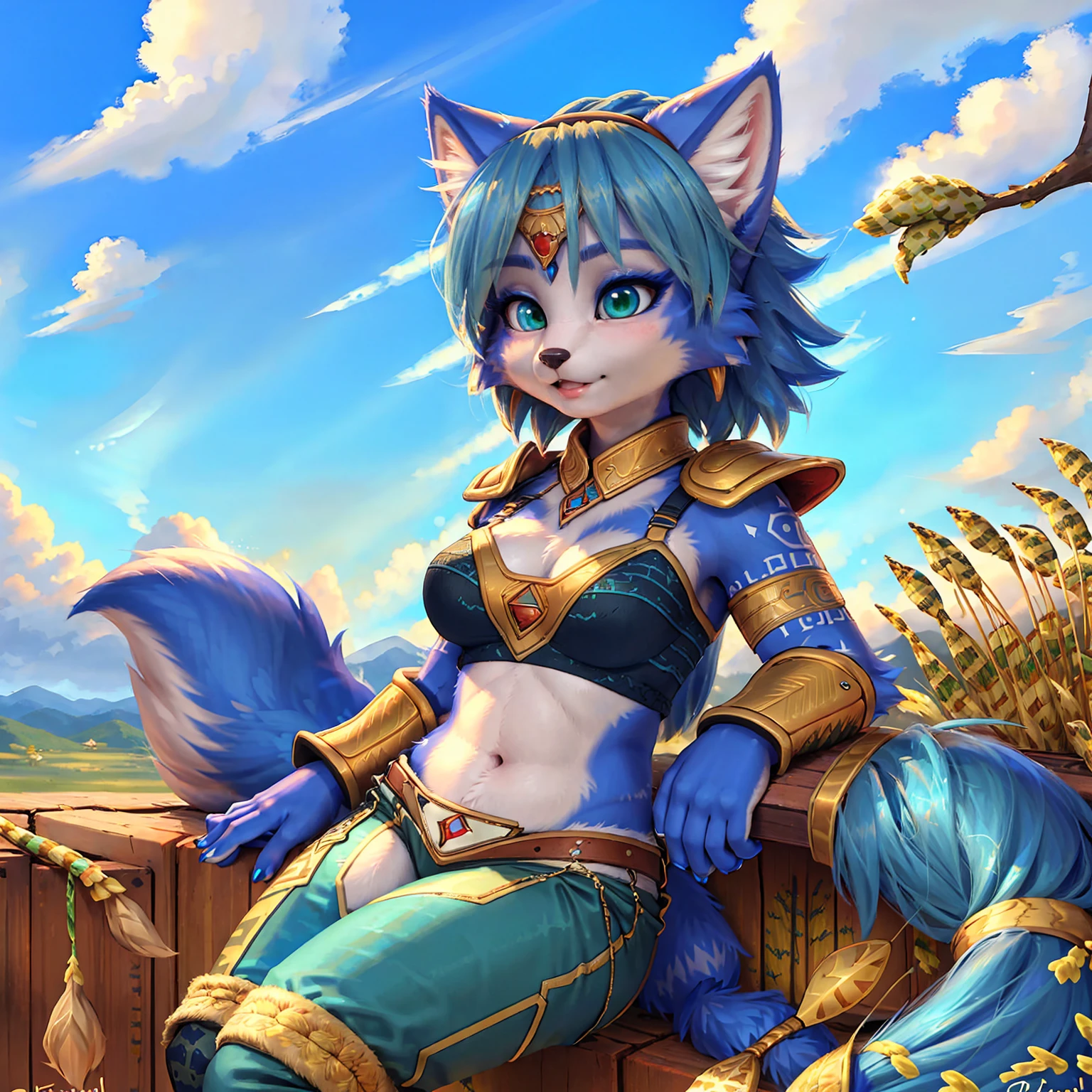 A beautiful and detailed (sweet picture) of ((Krystal)), Star Fox Krystal,  green eyes, medium breasts, (((Long blue hair 1.3))),  anthro, furry, (of Fluff-Kevlar, Bayard Wu, Personalami, Pino Daeni),  detailed fluffy fur, detailed face, (fluffy), 1 girl, alone, Haare bedecken ein Auge:1.4, (((geht über ein Feld mit hohem Gras :1.3))), (((schaut in den himmel:1.4))),