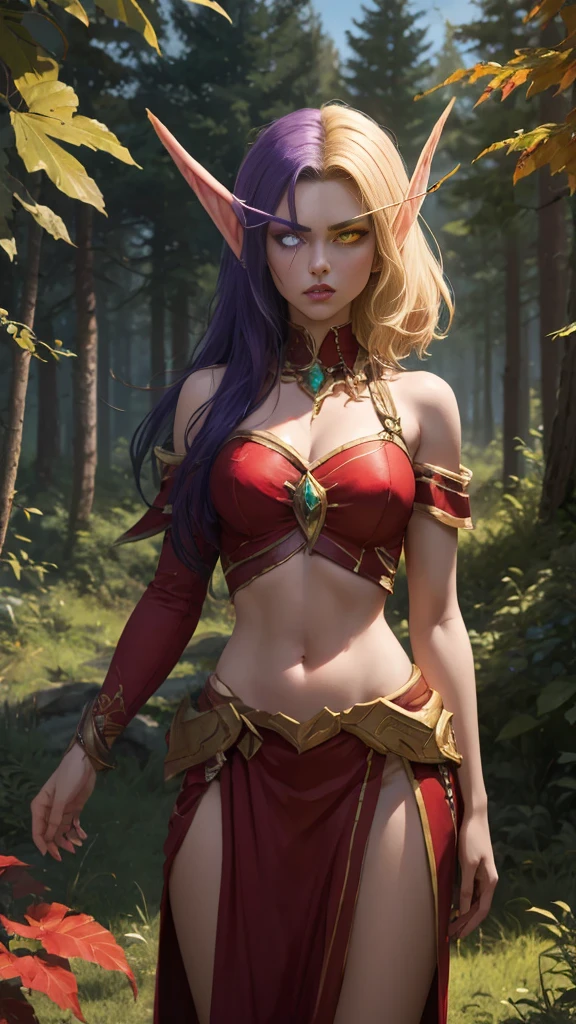 (Masterpiece, highly detailed, highly quality,  highly resolutions), SplitScreen, split screen, BREAK nightelf, angry, clenched teeth, glowing eyes, blue eyes, Purple Hair, colored skin, mature female, purple midriff, navel, purple spike shoulder pad, platinum trim, green leaves, jewelry, looking at viewer, forest, night, bare shoulders, spring season