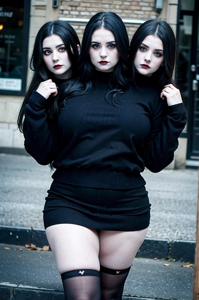 2heads, three headed goth girl, age 19, slightly chubby, black sweater, black skirt, pale skin,
