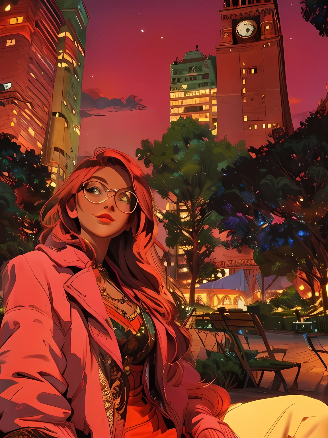woman sitting in a park at night with a clock tower in the background, at nighttime, I&#39;m standing in the city center, In the center of New York, in front of a fantastic cityscape, In the town square, in NYC city, in NYC, at night with neon lights, In the city, City lights in the background, at night