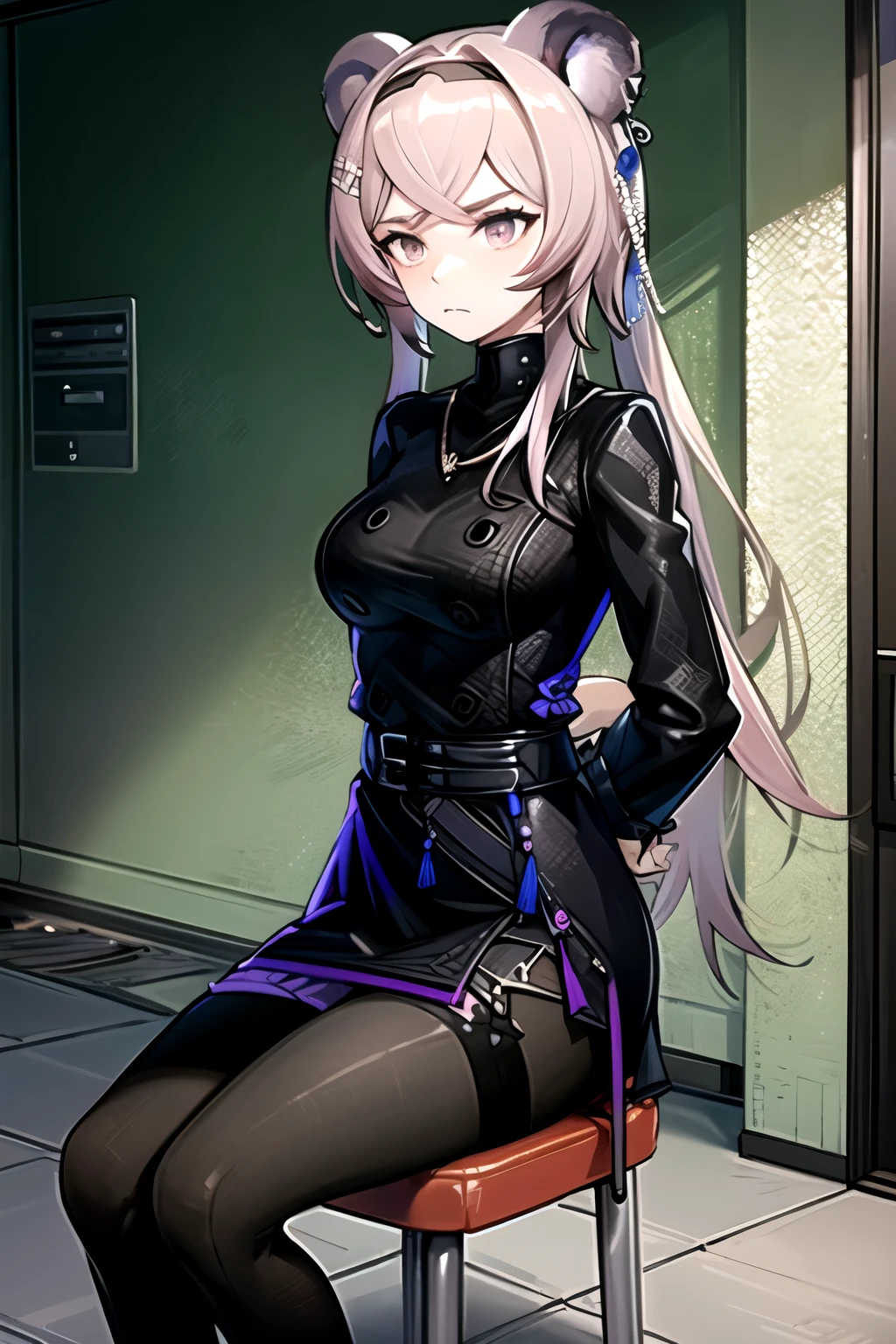 highest quality, masterpiece, High resolution, one person in, {Rin_Arknights:0.90}, 1 girl, black_dress, length_sleeve, looking for_in_Audience, cowboy_shot, Closed_mouth, ((hands tied behind)), ((arms behind back)), wide_sleeve, black_pantyhose, formal_alternine_Costumes, underground, Concrete floor, Concrete wall, underground room, Make a frown, sitting on the chair, pipe chair, Thighs together, black tights, Closed legs,