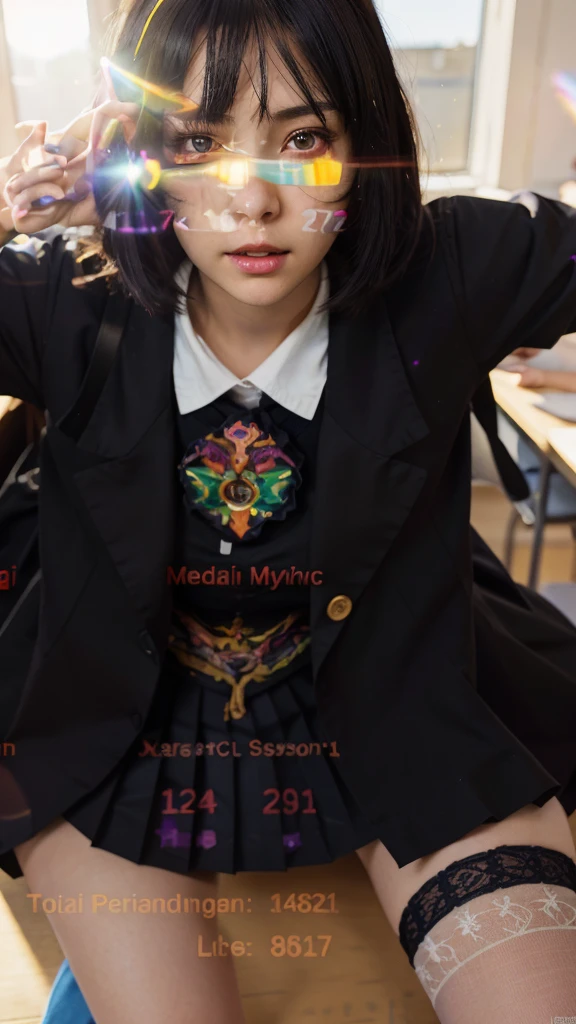 masterpiece, best quality, ultra-detailed, illustration, colorful, falt color, depth of field, lens flare,

1girl, anime, sitting, black hair, looking at viewer,school, classroom, pleated miniskirt , , serafuku, black pantyhose, detailed skin texture, detailed cloth texture, beautiful detailed face,
