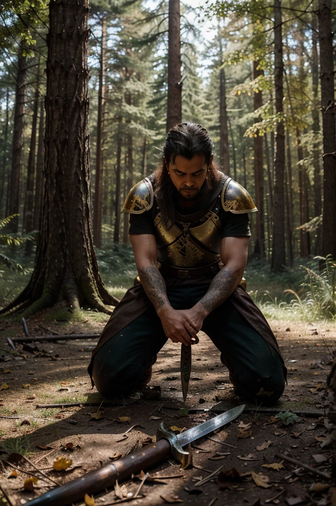 in the heart of a forest , a cartoon knight lies kneeling, exhausted and almost without strength. Your battle-marked armor, with scratches and dirt stains. with sword, with an ornate hilt and a glittering blade, is embedded in the ground next to you, serving as support to keep him upright. Seu rosto, still full of expressiveness, shows a mix of pain and determination, with big eyes that reflect the sunset on the horizon.
Around the knight, burning flames dance and crackle, illuminating the scene with an orange and gold glow. Loud flames envelop the clearing, creating a dramatic contrast between the intense light of the fire and the shadows of the forest. Ao fundo, designed in a stylized way, a ruined castle can be seen among the tall trees full of colorful leaves, suggesting an epic adventure or a distant home.
Capture the essence of this scene, highlighting the heroic spirit and the knight's ultimate display of courage in his final moments, with a touch of fantasy and cartoon charm, and the visual impact of the flames around you.