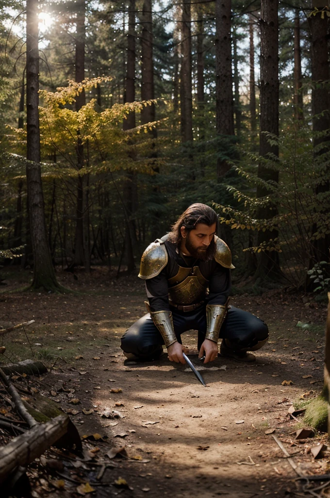 in the heart of a forest , a cartoon knight lies kneeling, exhausted and almost without strength. Your battle-marked armor, with scratches and dirt stains. with sword, with an ornate hilt and a glittering blade, is embedded in the ground next to you, serving as support to keep him upright. Seu rosto, still full of expressiveness, shows a mix of pain and determination, with big eyes that reflect the sunset on the horizon.
Around the knight, burning flames dance and crackle, illuminating the scene with an orange and gold glow. Loud flames envelop the clearing, creating a dramatic contrast between the intense light of the fire and the shadows of the forest. Ao fundo, designed in a stylized way, a ruined castle can be seen among the tall trees full of colorful leaves, suggesting an epic adventure or a distant home.
Capture the essence of this scene, highlighting the heroic spirit and the knight's ultimate display of courage in his final moments, with a touch of fantasy and cartoon charm, and the visual impact of the flames around you.