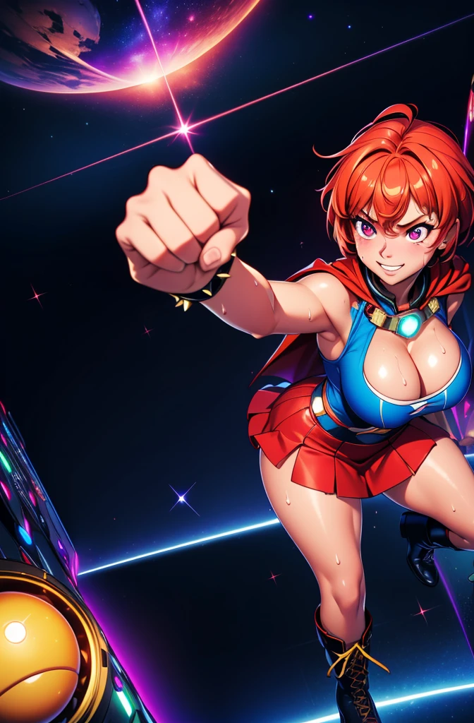 better fist, hand, Digital painting of flying fresh girl with royal white mixed red middle short hair, super hero, muscle girl, highschool skirt, pose, fist up, (1knee up), ((from above)), Behance Contest Winner, afrofuturism, Synthwave, neon, glowing neon, ((sagging massive breasts)), cape, boots, sweat, glossy silky skin, smile, in space, Surrounded by a shining aura. Outer space background, Severe. masterpiece, Highest quality, employment. Diffraction Spikes, Particles of light.